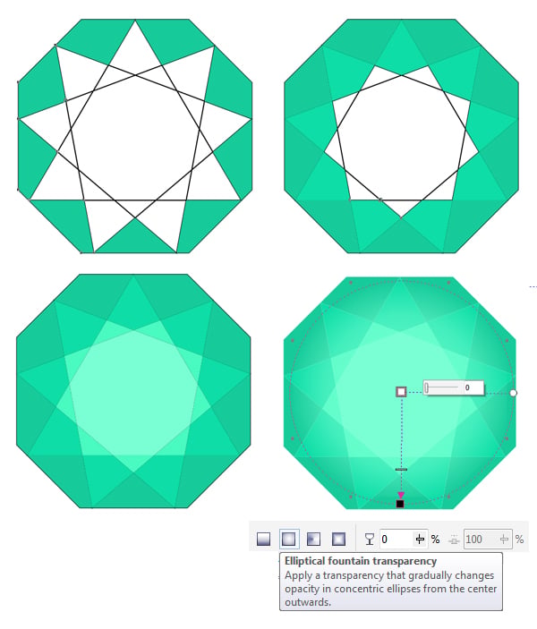color the emerald in shades of green and apply elliptical transparency