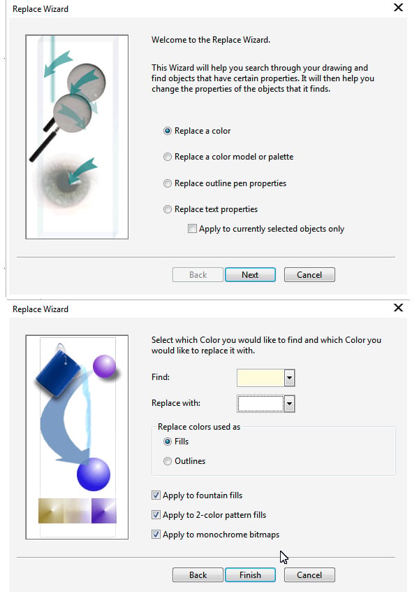 use the the Replace Wizard to change colors