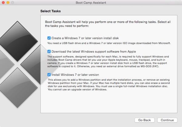 Boot Camp tasks the option to install must be deselected