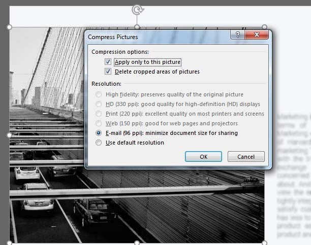 Compress pictures in PowerPoint settings