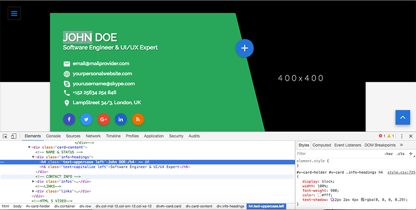 Browser code inspector view of the HTML templates code