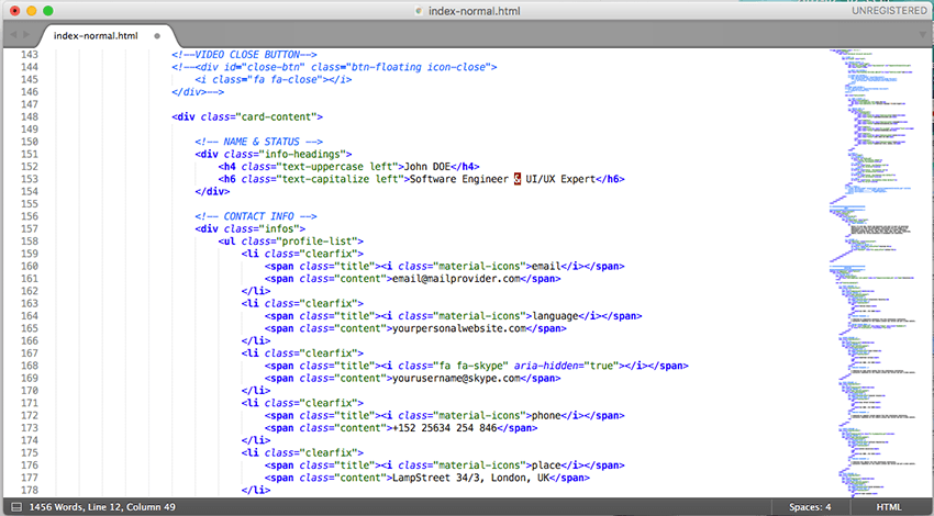 Replacing the default name and contact information