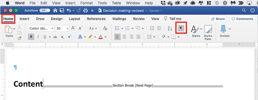 Display section break Word
