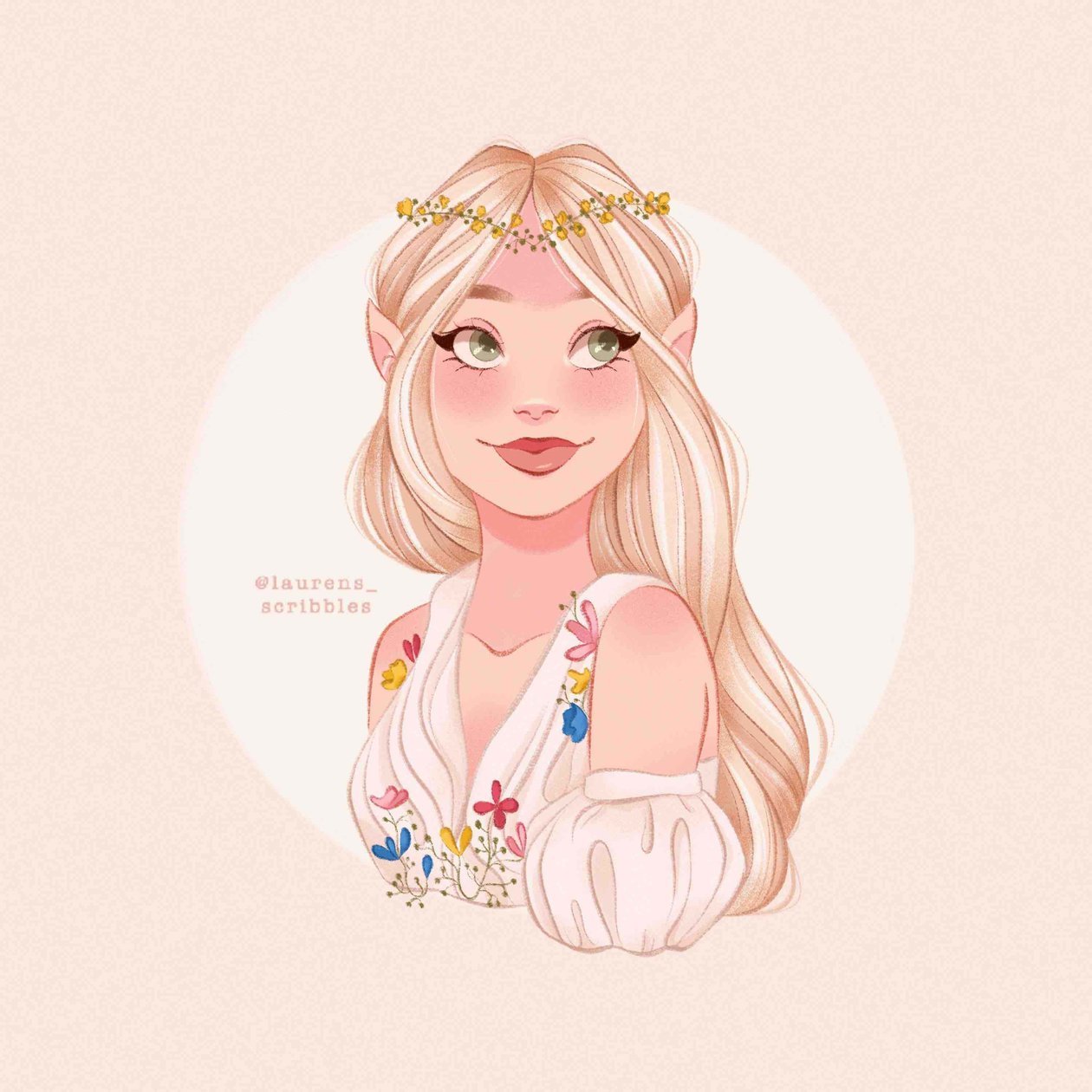 The finished drawing of a blonde elven girl with a nude background