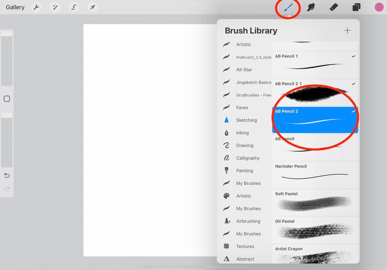 screenshot of the brush library with the brush library icon and a selected brush circled in red