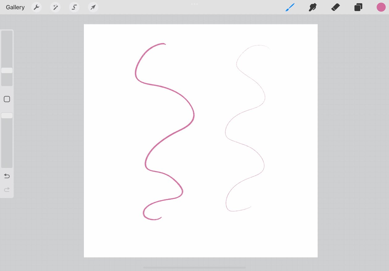 two pink lines are drawn on the canvas, one with a thicker brush size and one with a thinner brush size