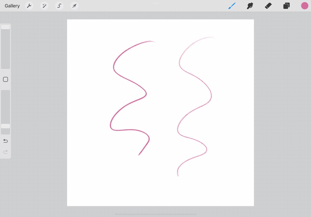 two pink lines are drawn on the canvas, one is opaque and one has lowered opacity
