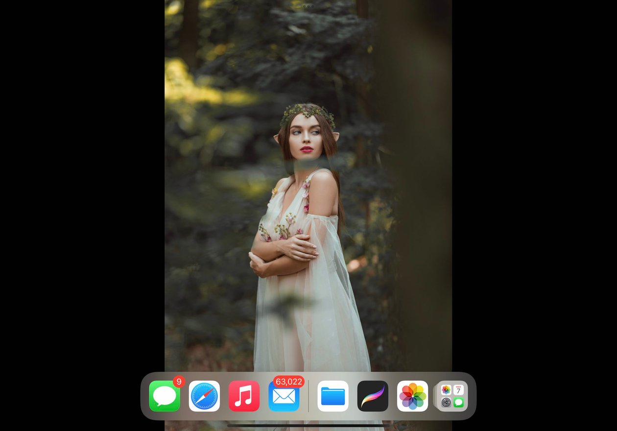 an image of an elven girl is opened within the screen, and the shortcut app menu is at the bottom of the screen