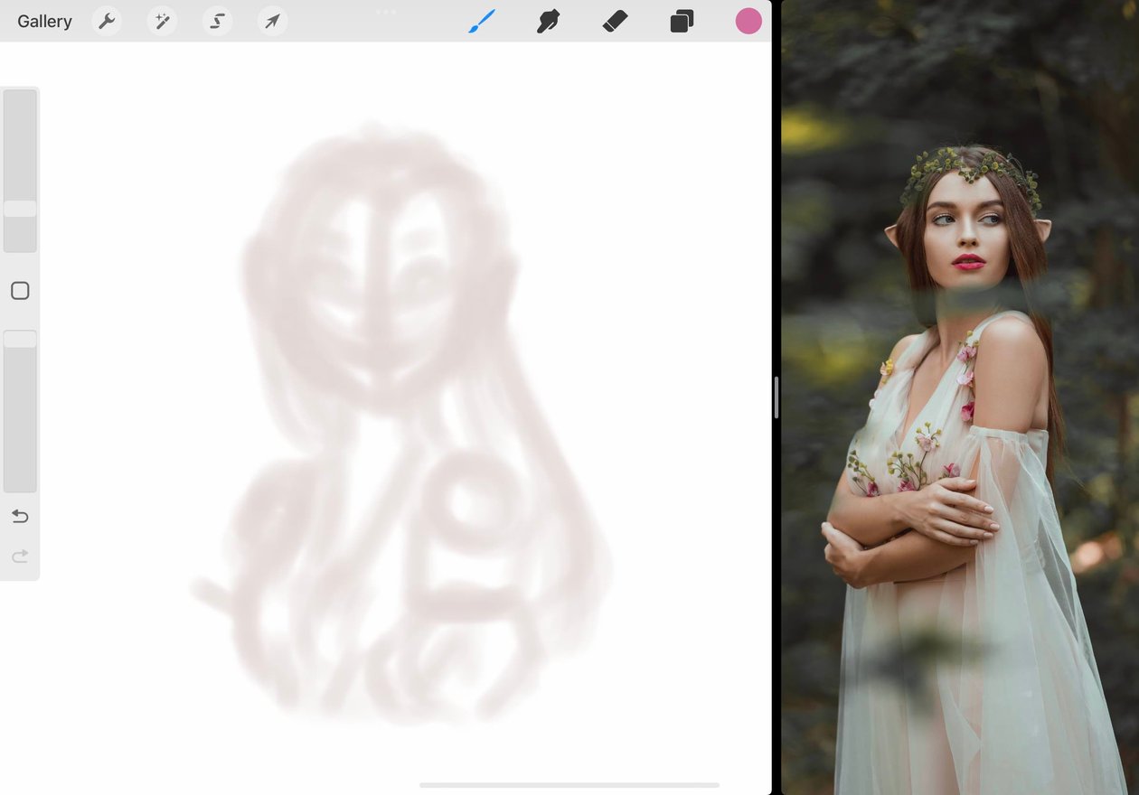 the canvas contains a very loose light grey sketch of the elven girl