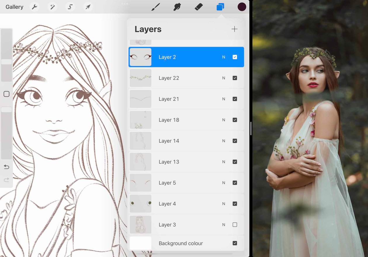 the Layers panel is open and all of the different elements of the line art can be seen on separate layers