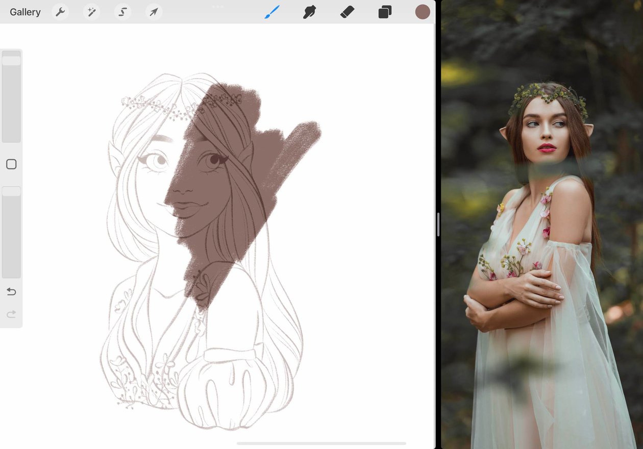 a brown swatch has been coloured beneath the line art layer, and the lines above the swatch have become a dark brown in contrast the the light grey of the rest of the lines
