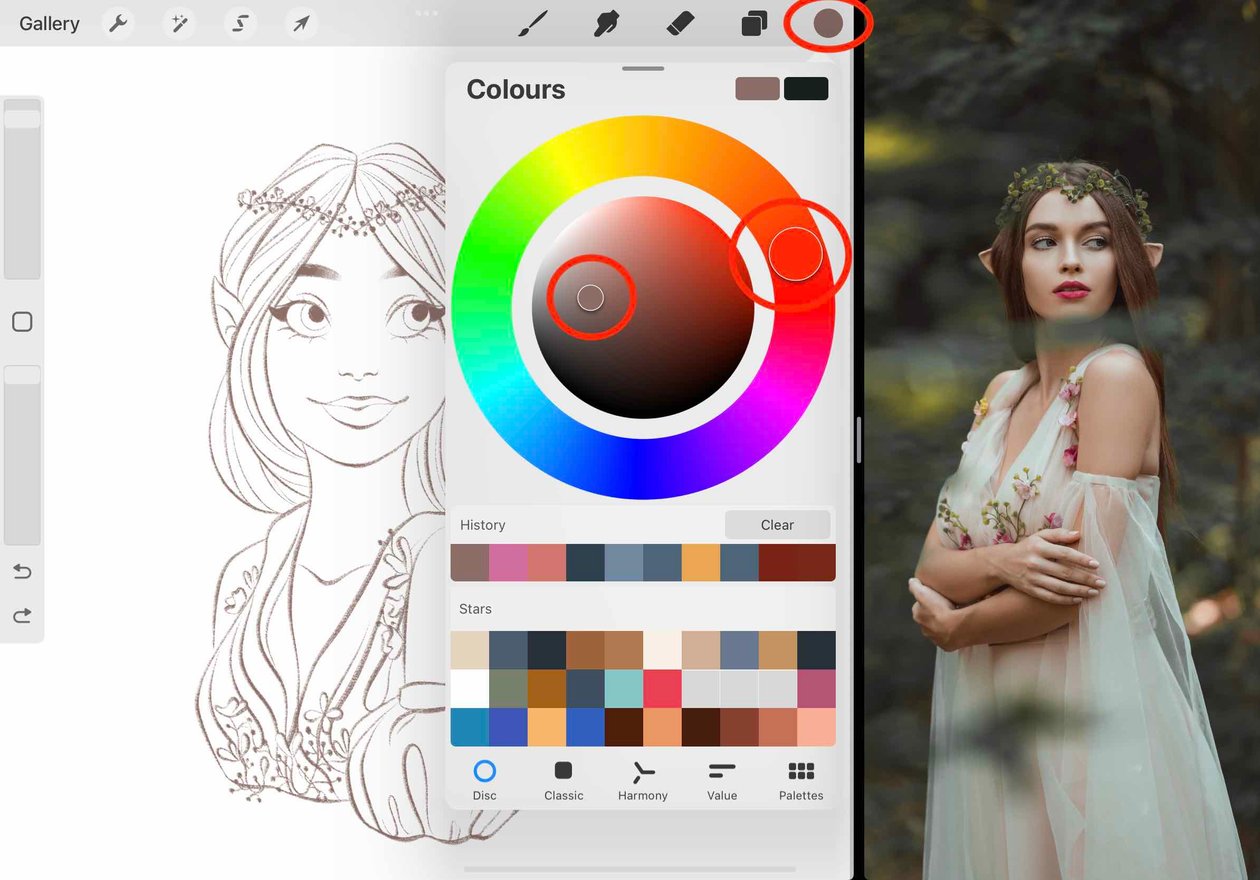 the swatch icon and the sliders within the colour wheel are circled in red