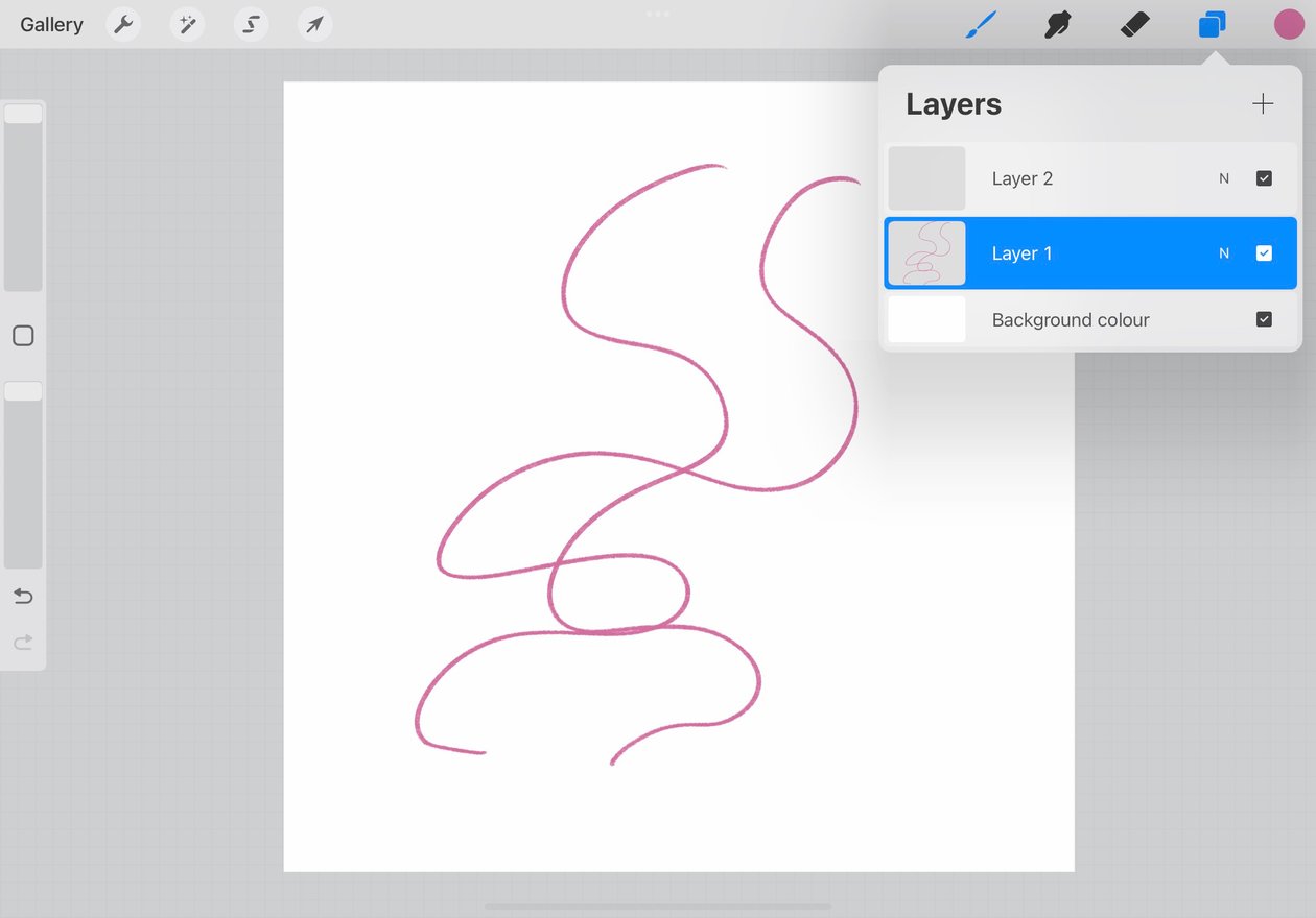 screenshot of the canvas with two pink lines drawn on it, the layers panel is open and the layer with the lines on is selected