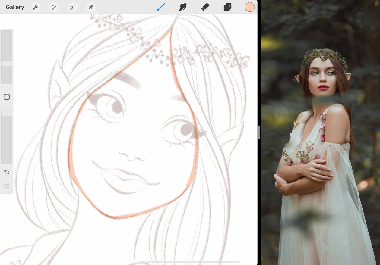the face of the guide layer is outlined in a fair skin-tone shade