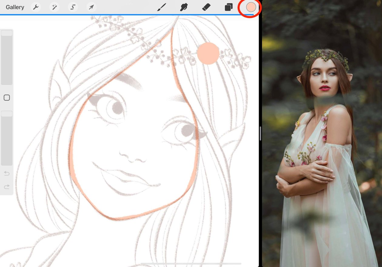 the colour swatch is circled in red, and has been dragged towards the outlined face shape