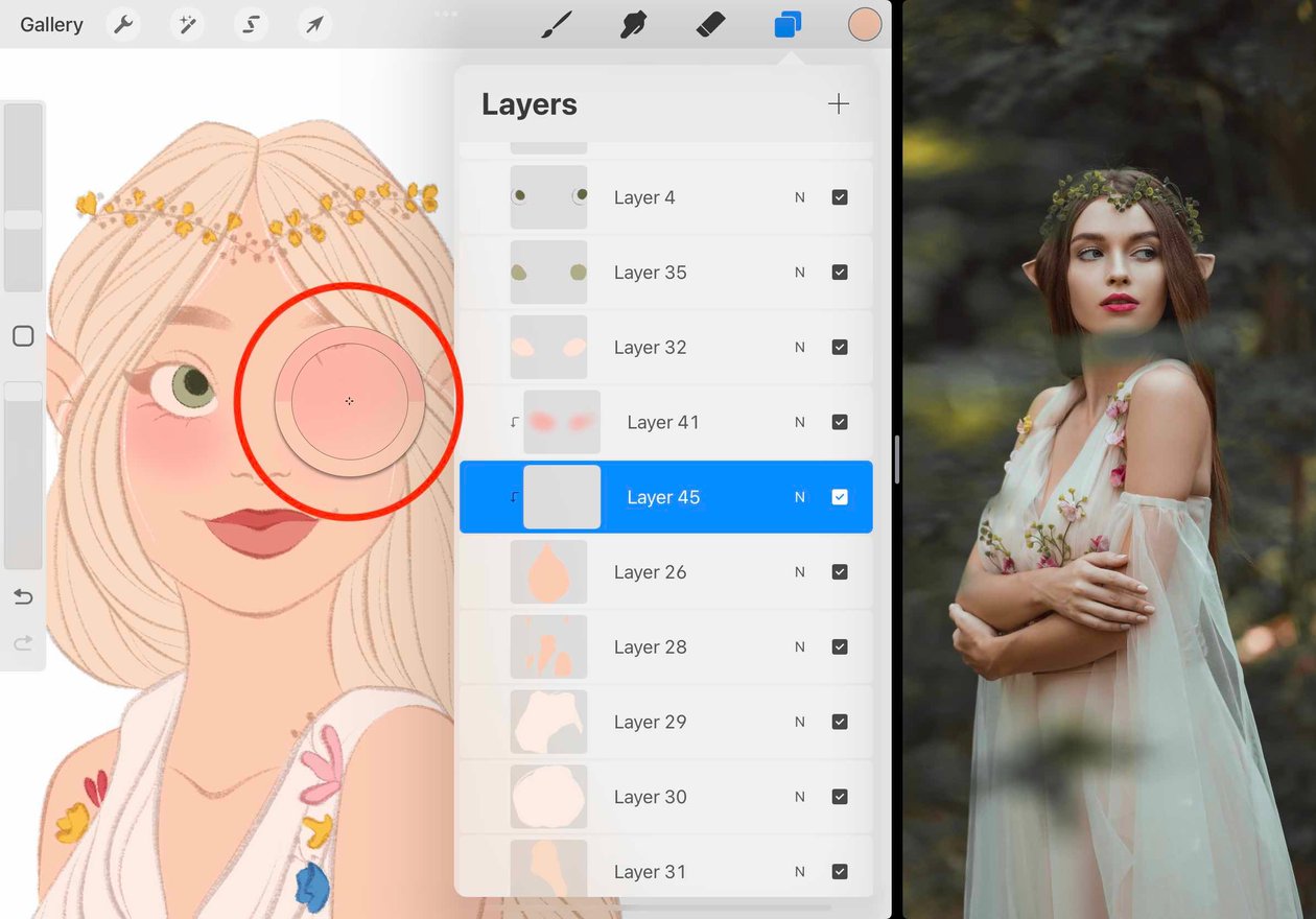 the colour picker is held over the blush on the characters cheeks and is circled in red