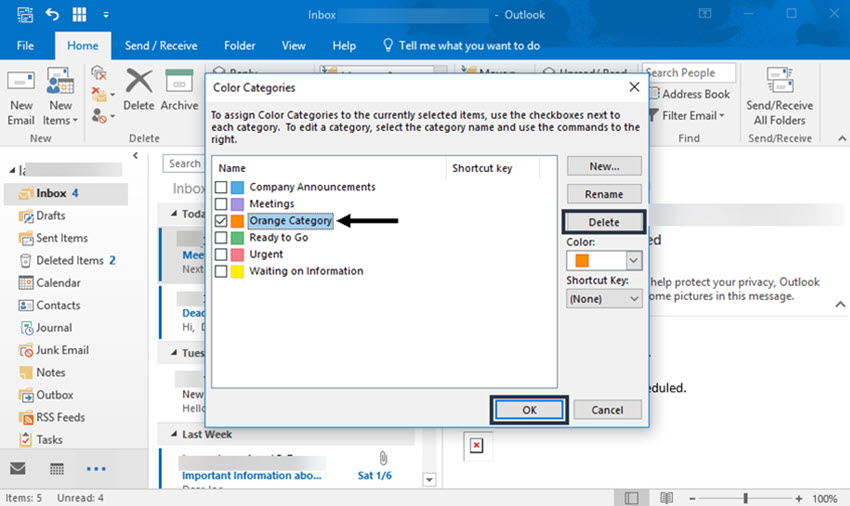 How to delete an unused message category in Outlook