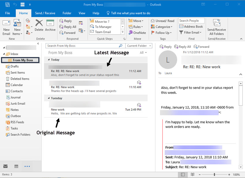 Example of a conversation in Outlook