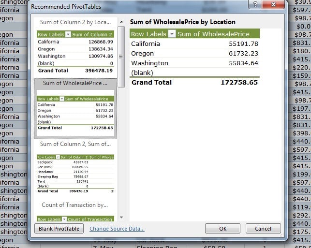 Recommended PivotTables in Excel