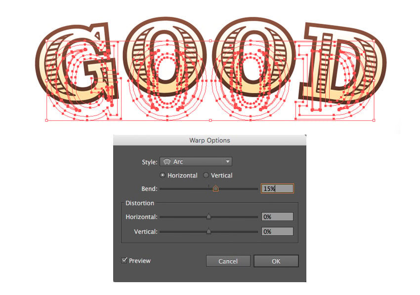 Effect Warp Arc to transform the word 