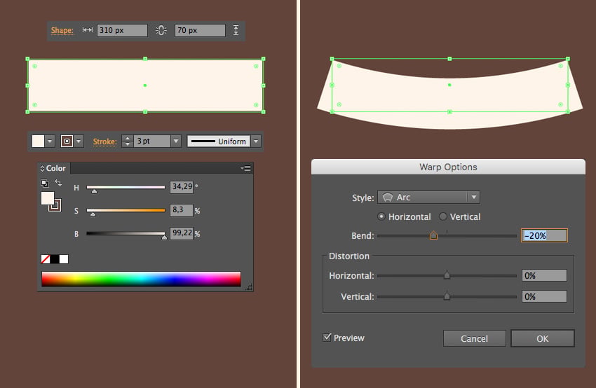 make a ribbon from rectangle and apply arc effect
