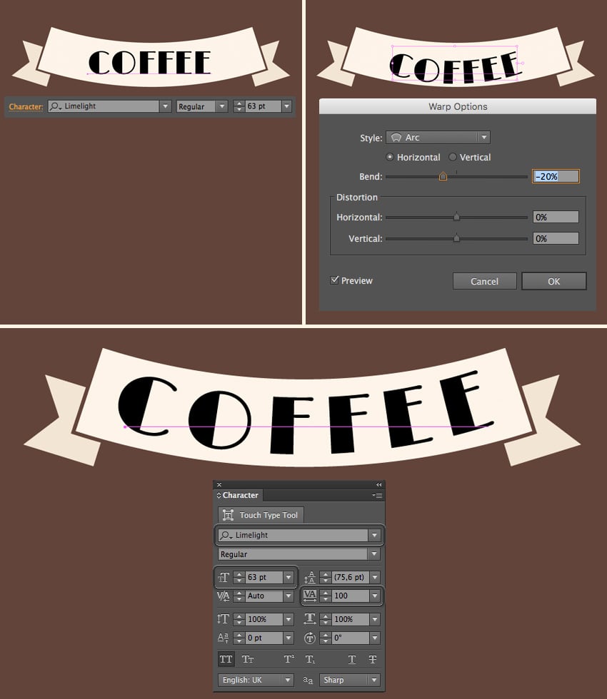 add the word coffee and apply arc effect