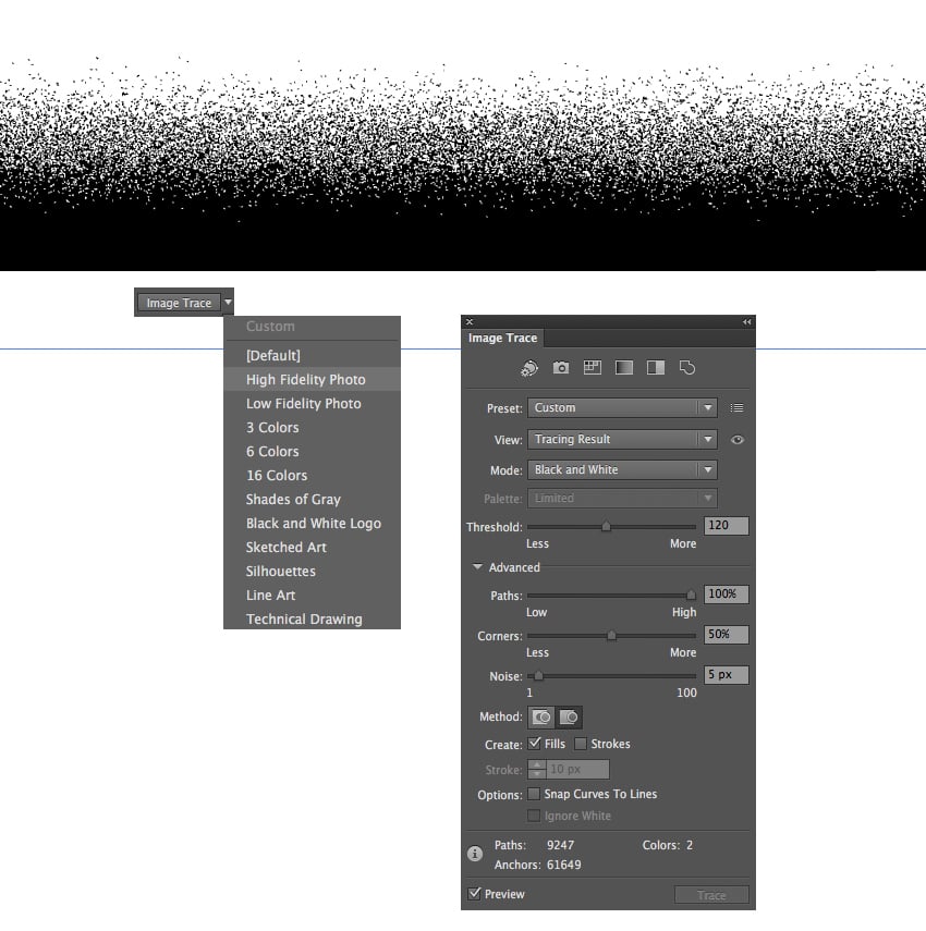 trace the image and adjust the settings