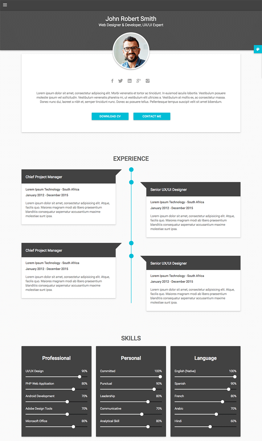 Decent Material CV Personal Resume HTML Site Template