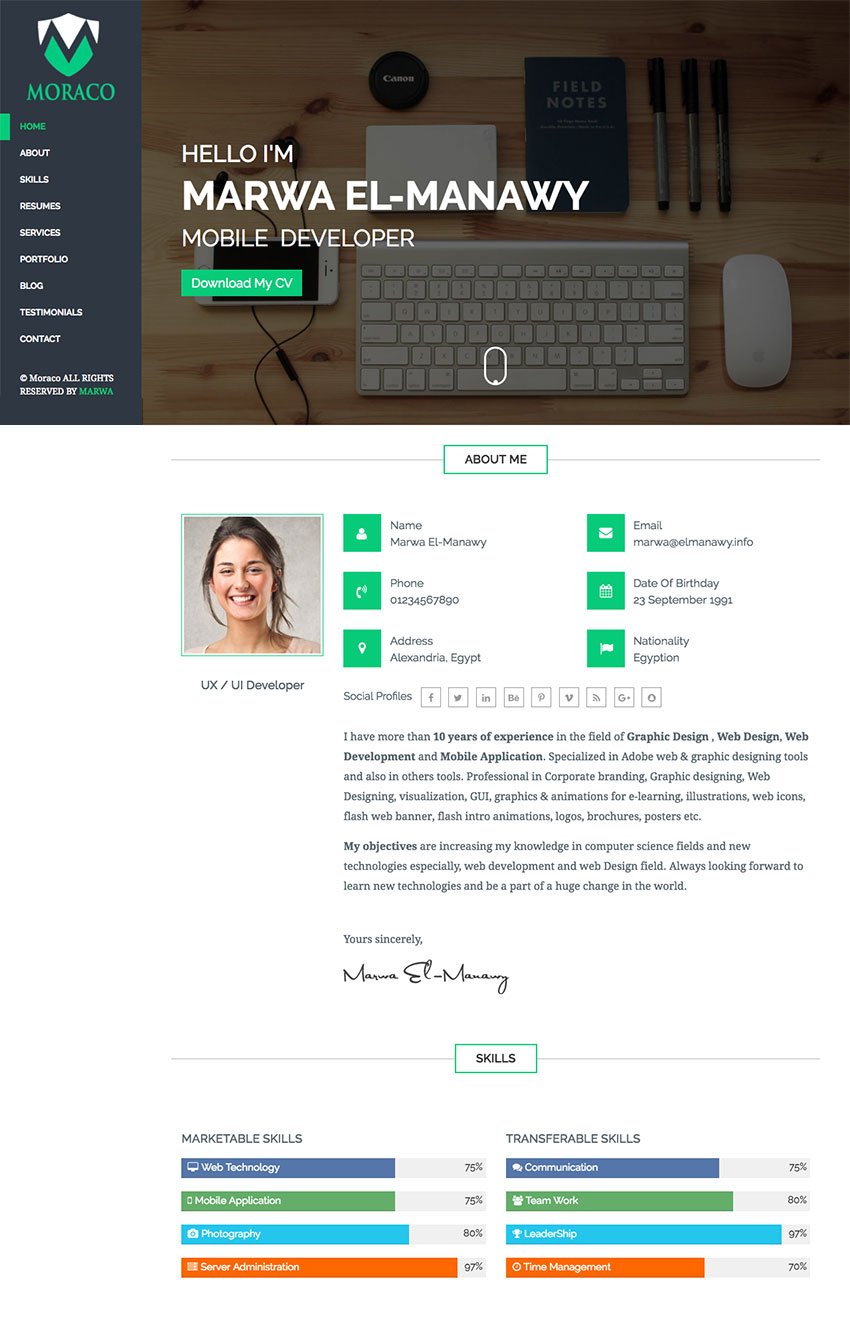 Moraco Clean Personal HTML Resume Website Template