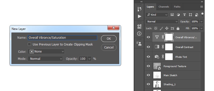 Creating new vibrance and saturation adjustment layer