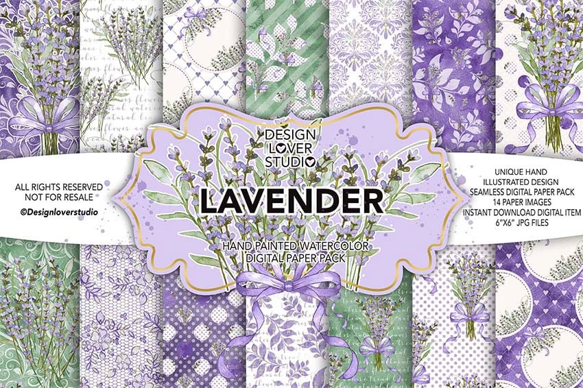 Watercolor LAVENDER Digital Scrapbook Paper Pack