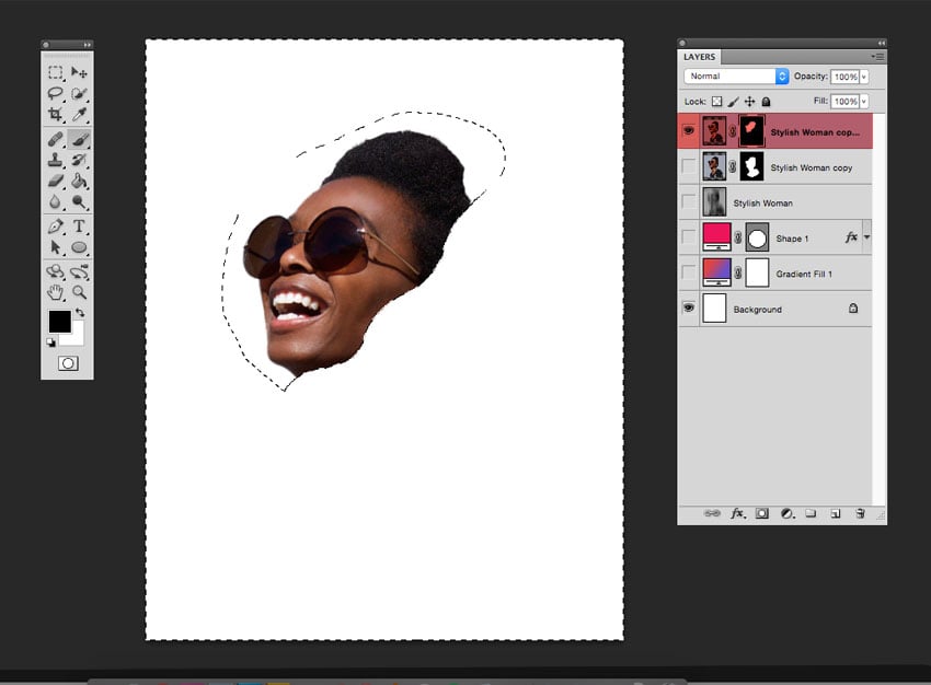 Use the Lasso Tool to create a wave form across the stylish womans face