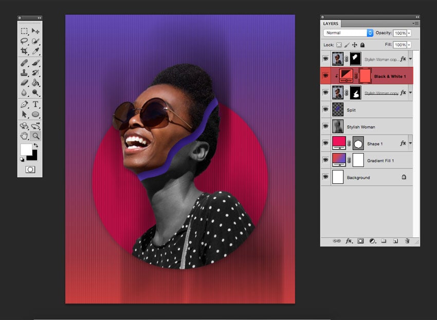 Add a black and white adjustment layer and create a clipping mask