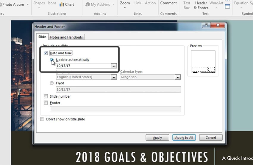 Date and Time setting in PowerPoint