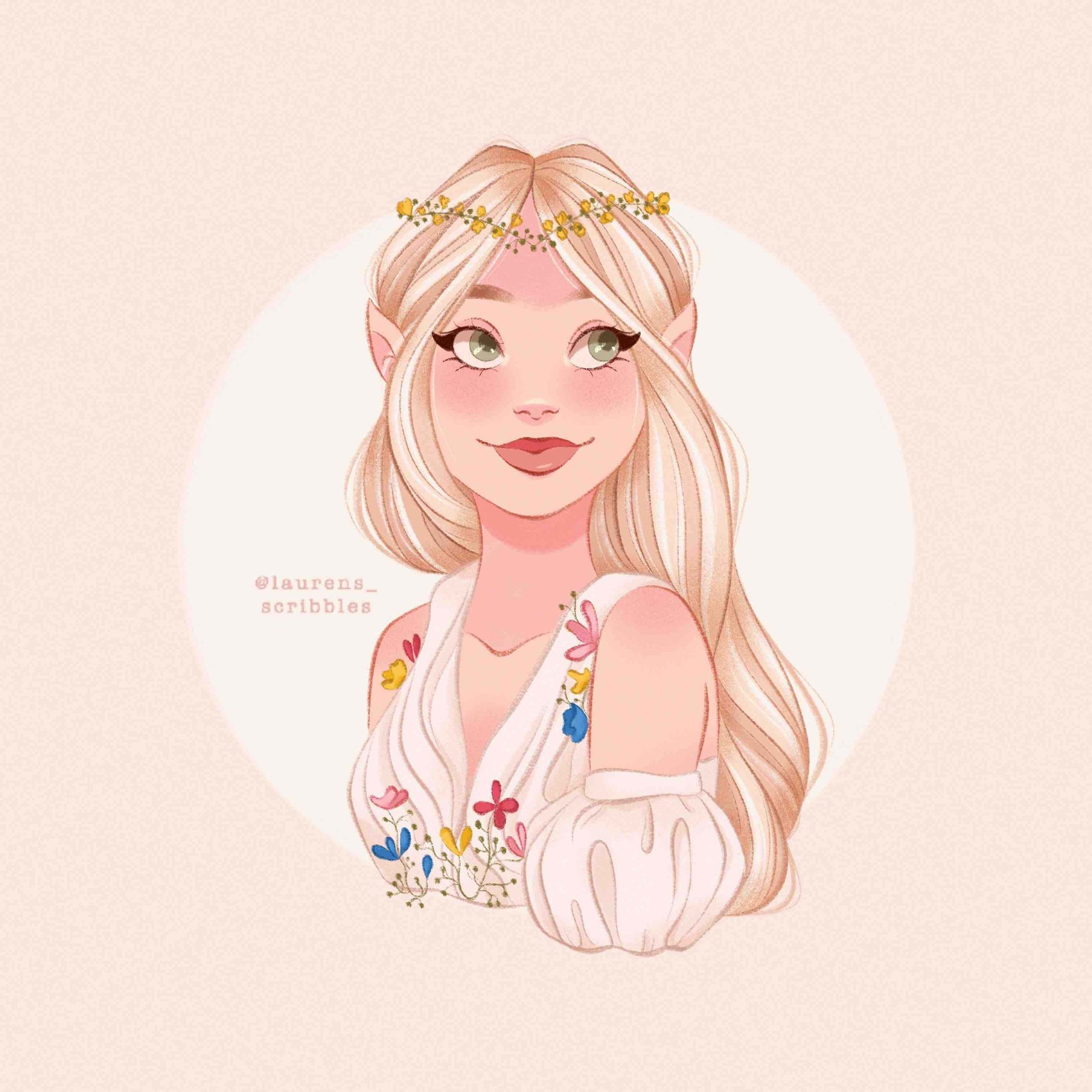 The finished drawing of a blonde elven girl with a nude background