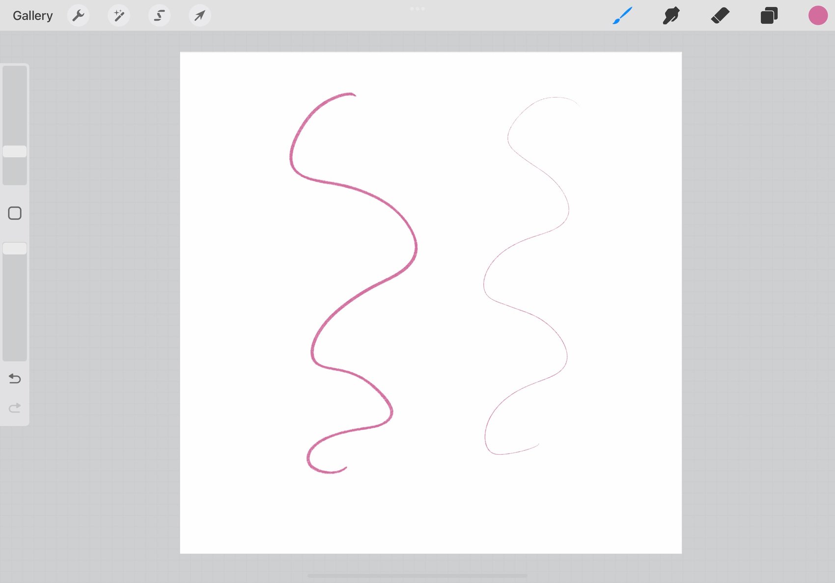 two pink lines are drawn on the canvas, one with a thicker brush size and one with a thinner brush size