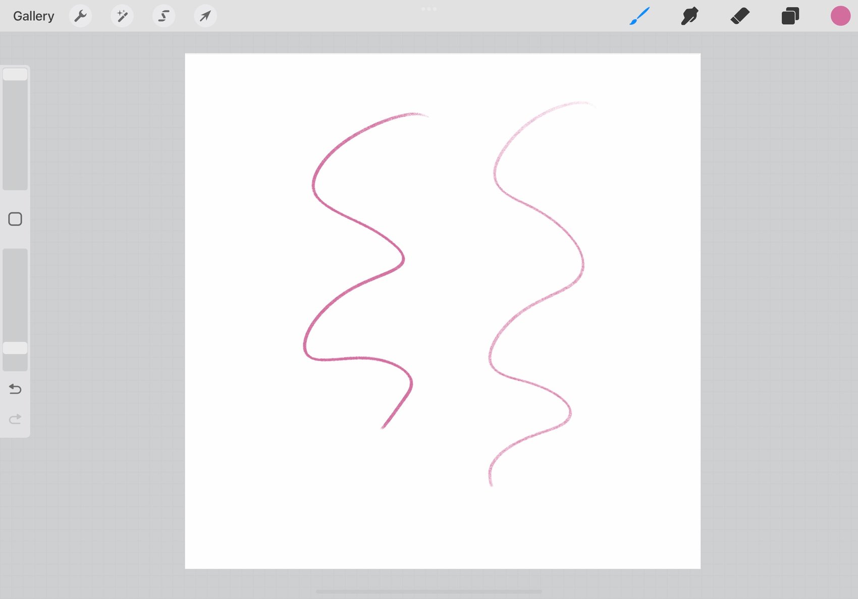 two pink lines are drawn on the canvas, one is opaque and one has lowered opacity