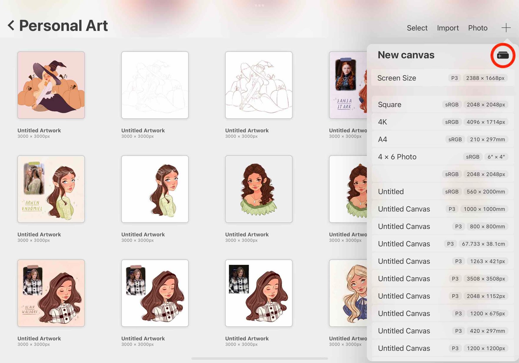 Procreate home page with the + icon circled in red