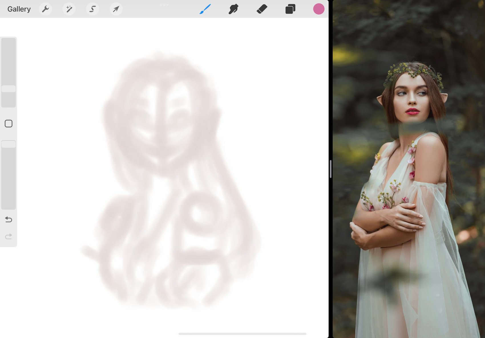the canvas contains a very loose light grey sketch of the elven girl