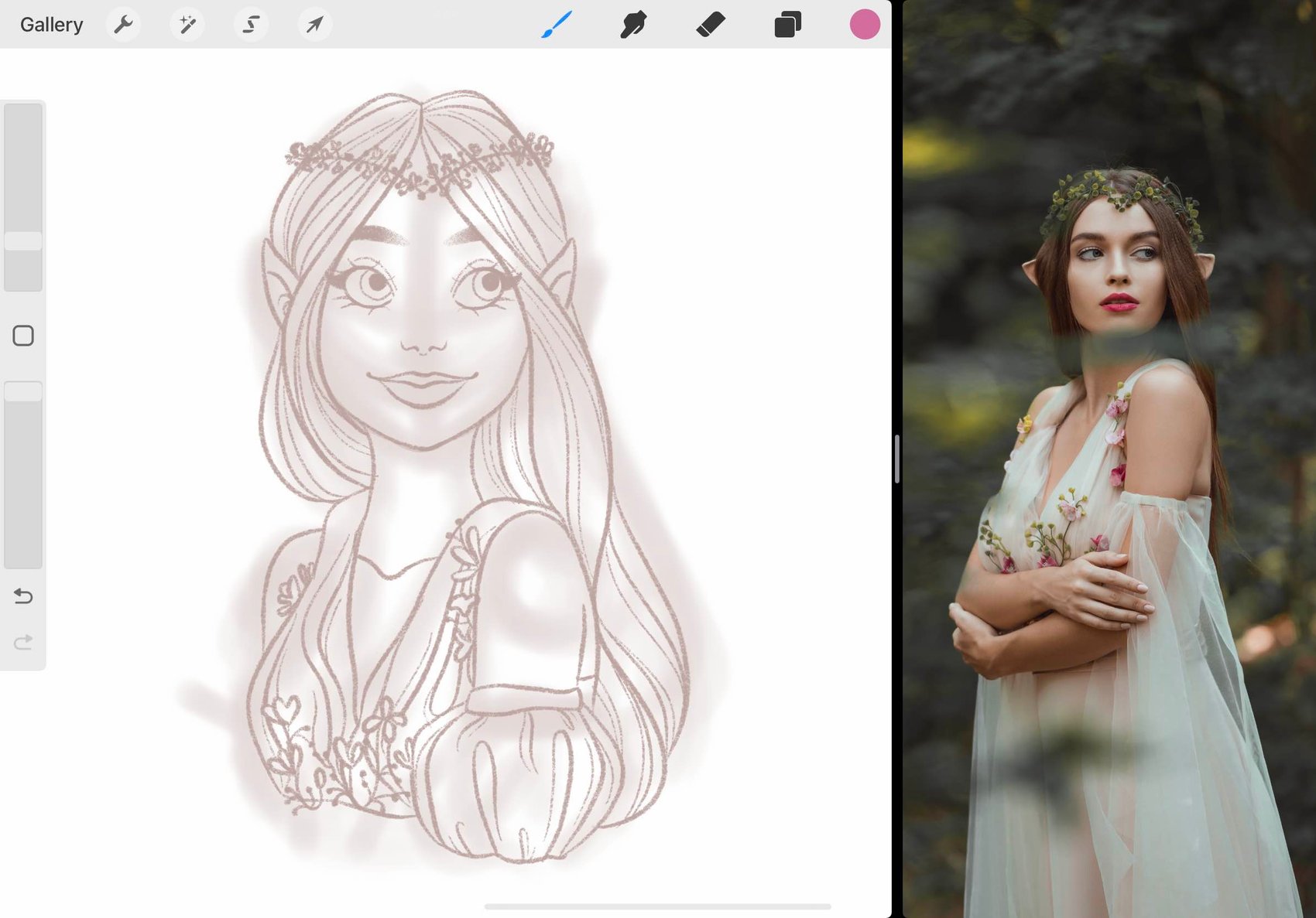 a more detailed sketch of the elven girl can be seen above the initial loose sketch