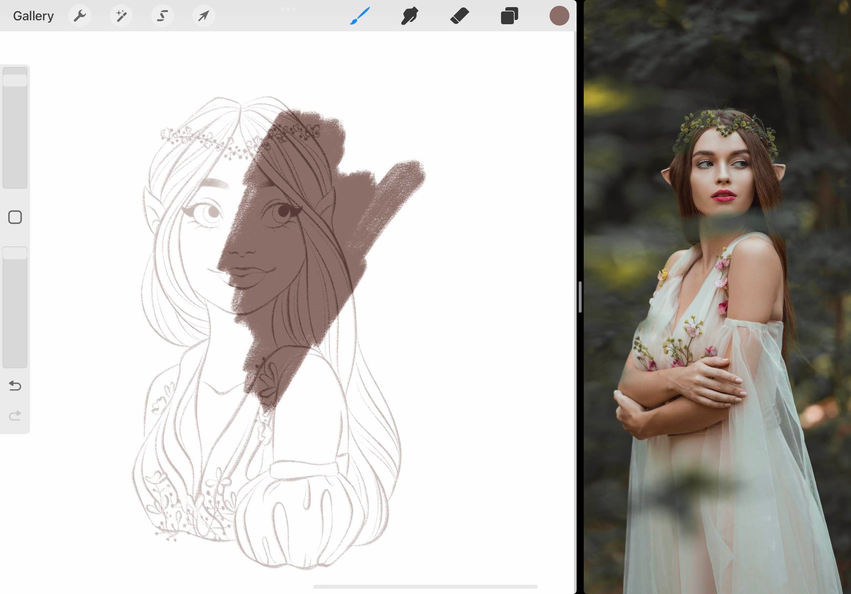 a brown swatch has been coloured beneath the line art layer, and the lines above the swatch have become a dark brown in contrast the the light grey of the rest of the lines