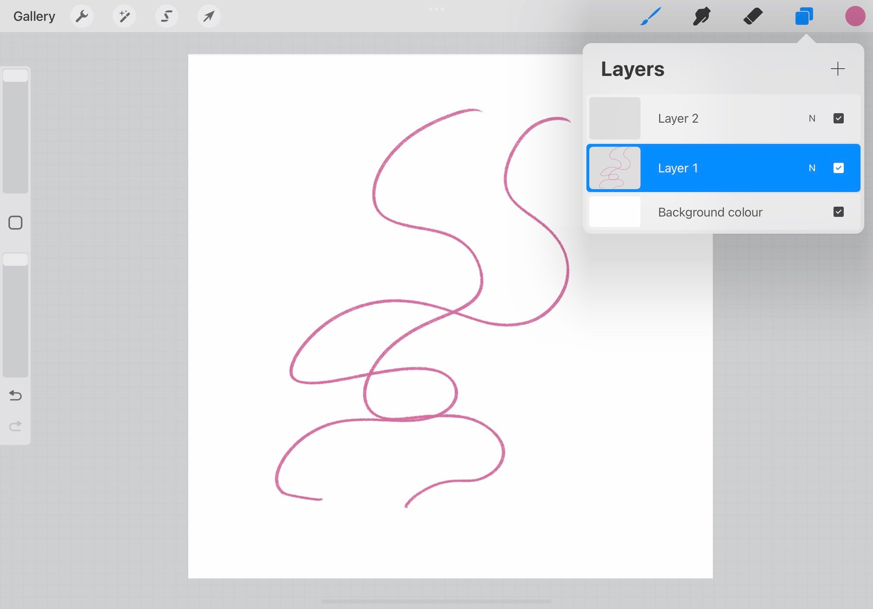 screenshot of the canvas with two pink lines drawn on it, the layers panel is open and the layer with the lines on is selected