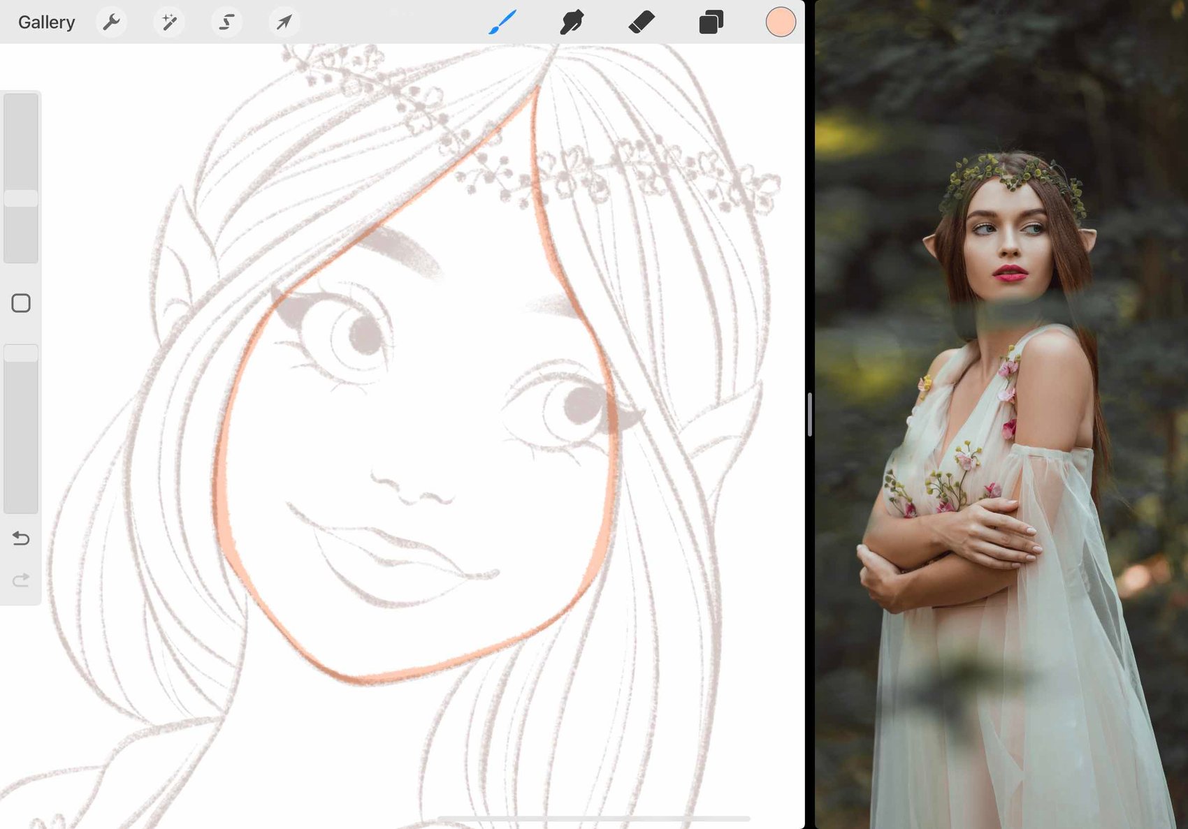 the face of the guide layer is outlined in a fair skin-tone shade