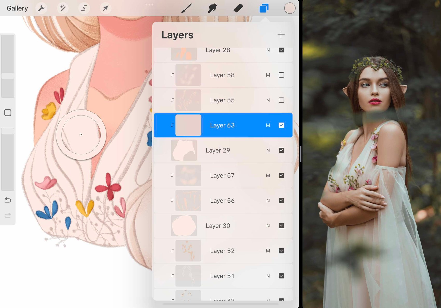 the eyedropper tool is hovering over the cream base colour of the dress