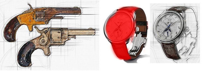 Sketch effect applied to antique pistols and a watch