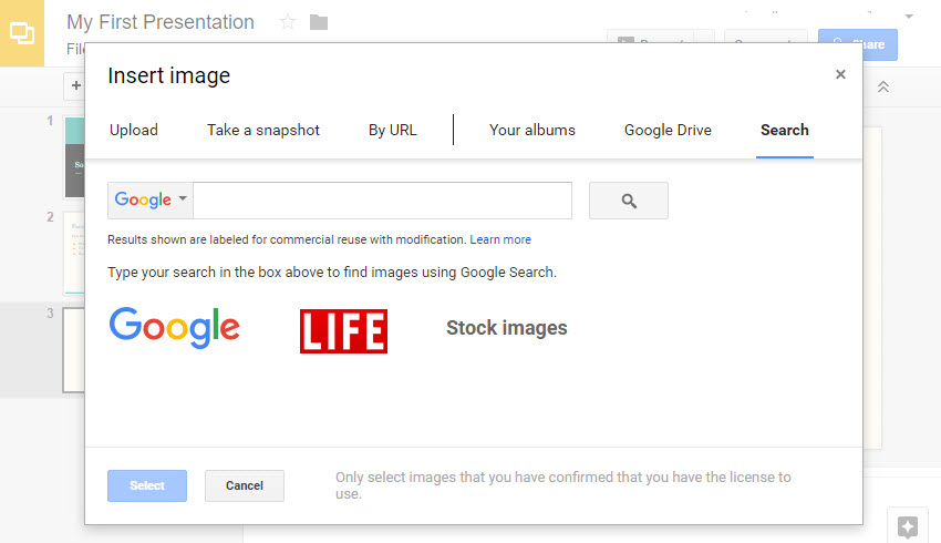 The Insert image panel in Google Slides