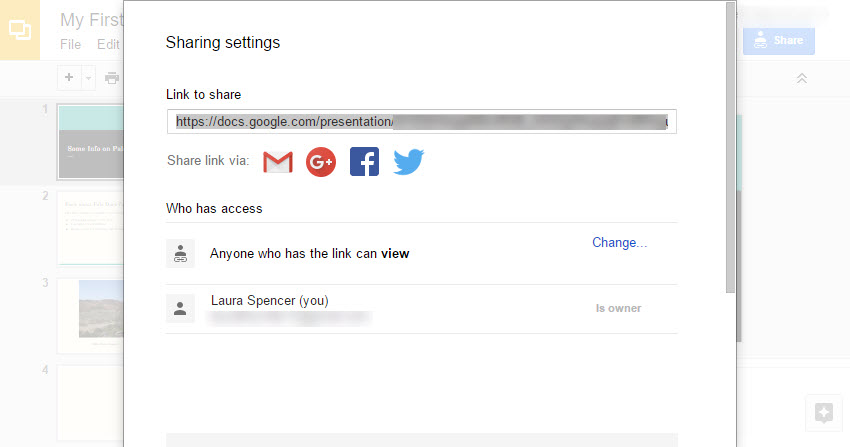 Google Slides sharing settings