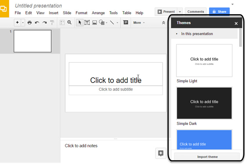 A few of Google Slides default themes