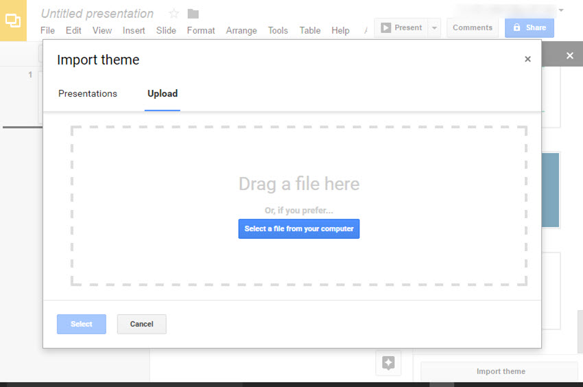 The Import theme window appears