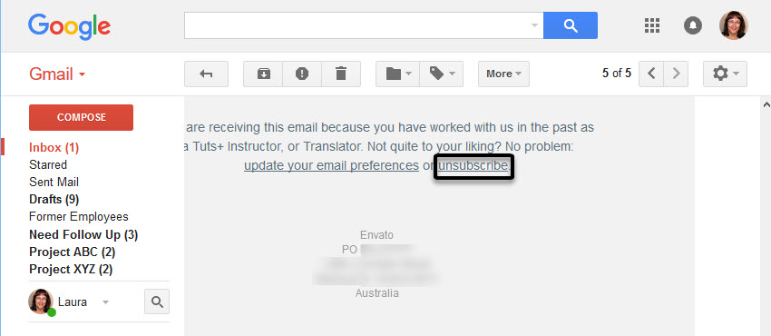 Unsubscribe link emal newsletter example